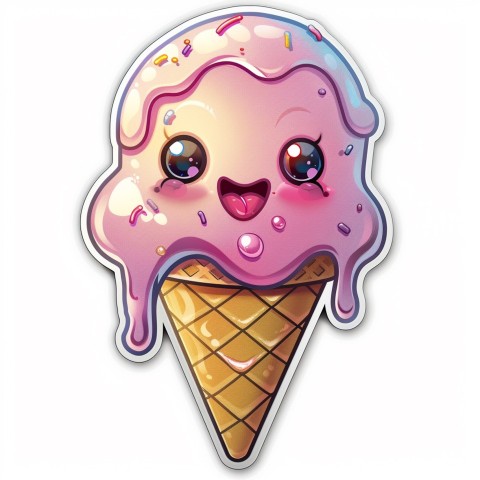 Cute Kawaii Stickers Joyful Melting Ice Cream Cone on White Background (108)