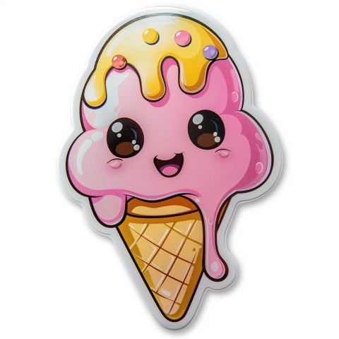 Cute Kawaii Stickers Joyful Melting Ice Cream Cone on White Background (110)