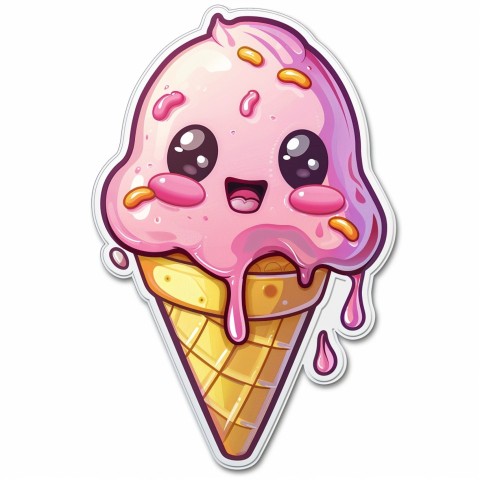 Cute Kawaii Stickers Joyful Melting Ice Cream Cone on White Background (122)