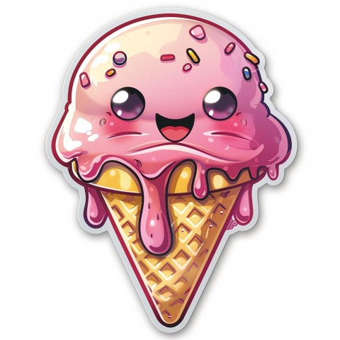 Cute Kawaii Stickers Joyful Melting Ice Cream Cone on White Background (105)