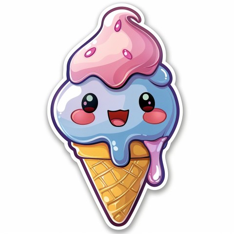 Cute Kawaii Stickers Joyful Melting Ice Cream Cone on White Background (116)