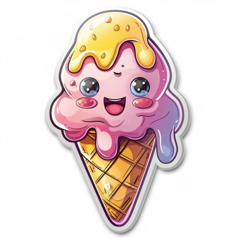 Cute Kawaii Stickers Joyful Melting Ice Cream Cone on White Background (111)