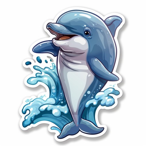 Cute Kawaii Stickers Playful Dolphin Jumping Over Waves on White Background (6)