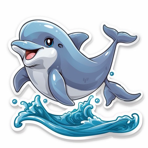 Cute Kawaii Stickers Playful Dolphin Jumping Over Waves on White Background (4)