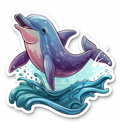 Cute Kawaii Stickers Playful Dolphin Jumping Over Waves on White Background (11)