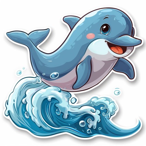 Cute Kawaii Stickers Playful Dolphin Jumping Over Waves on White Background (2)