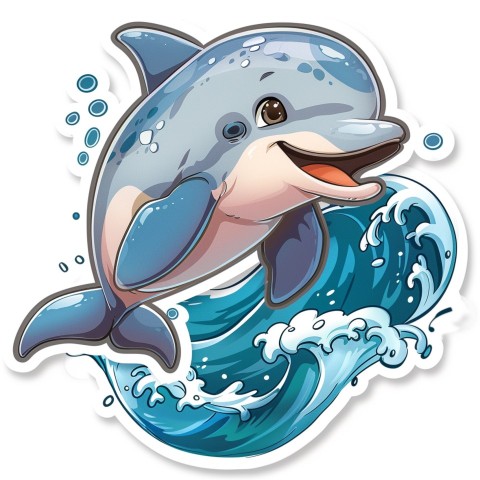 Cute Kawaii Stickers Playful Dolphin Jumping Over Waves on White Background (9)