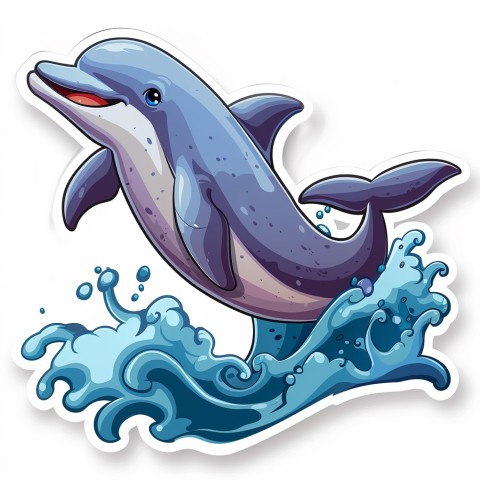 Cute Kawaii Stickers Playful Dolphin Jumping Over Waves on White Background (31)