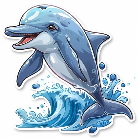 Cute Kawaii Stickers Playful Dolphin Jumping Over Waves on White Background (33)