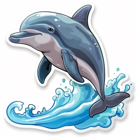 Cute Kawaii Stickers Playful Dolphin Jumping Over Waves on White Background (29)