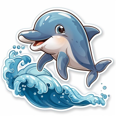 Cute Kawaii Stickers Playful Dolphin Jumping Over Waves on White Background (34)