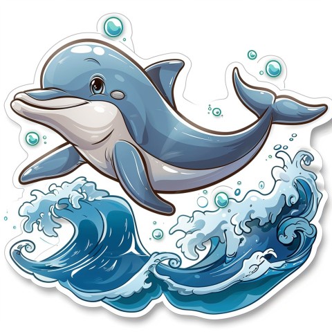 Cute Kawaii Stickers Playful Dolphin Jumping Over Waves on White Background (25)