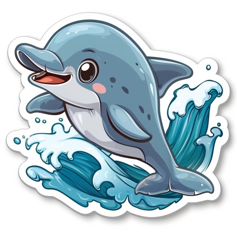 Cute Kawaii Stickers Playful Dolphin Jumping Over Waves on White Background (39)