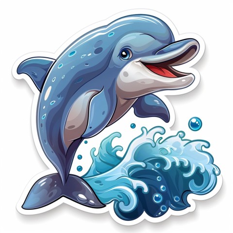 Cute Kawaii Stickers Playful Dolphin Jumping Over Waves on White Background (38)