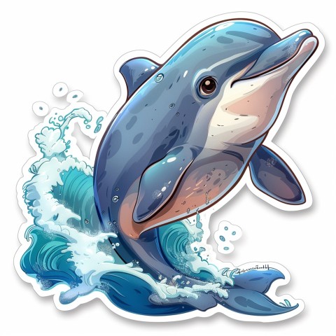 Cute Kawaii Stickers Playful Dolphin Jumping Over Waves on White Background (40)