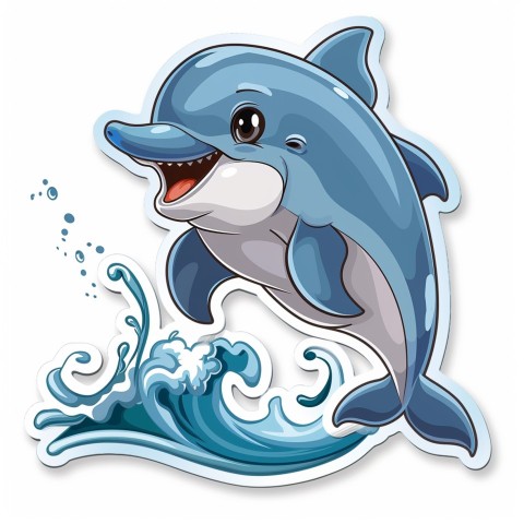 Cute Kawaii Stickers Playful Dolphin Jumping Over Waves on White Background (43)