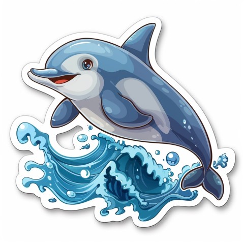 Cute Kawaii Stickers Playful Dolphin Jumping Over Waves on White Background (56)