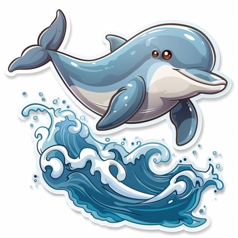 Cute Kawaii Stickers Playful Dolphin Jumping Over Waves on White Background (46)