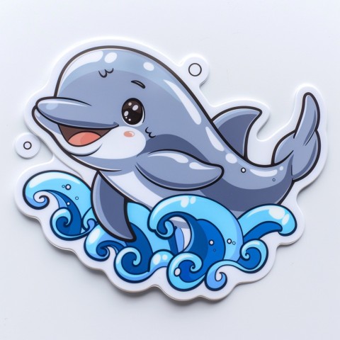 Cute Kawaii Stickers Playful Dolphin Jumping Over Waves on White Background (57)