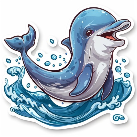 Cute Kawaii Stickers Playful Dolphin Jumping Over Waves on White Background (54)