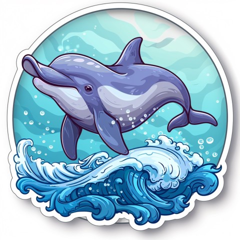 Cute Kawaii Stickers Playful Dolphin Jumping Over Waves on White Background (53)