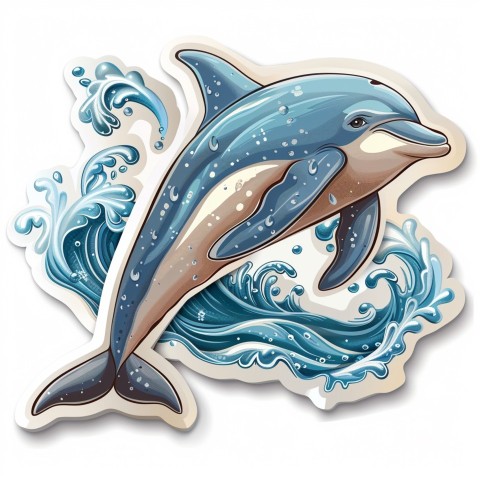 Cute Kawaii Stickers Playful Dolphin Jumping Over Waves on White Background (59)