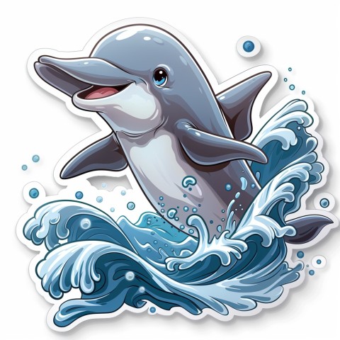 Cute Kawaii Stickers Playful Dolphin Jumping Over Waves on White Background (41)