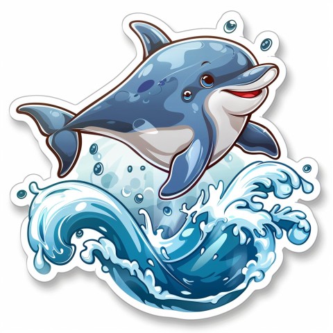 Cute Kawaii Stickers Playful Dolphin Jumping Over Waves on White Background (47)