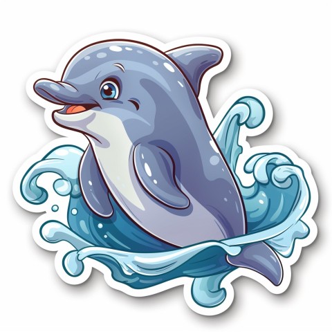 Cute Kawaii Stickers Playful Dolphin Jumping Over Waves on White Background (75)