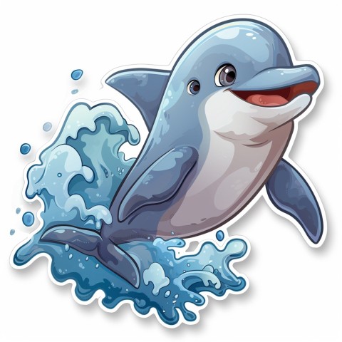 Cute Kawaii Stickers Playful Dolphin Jumping Over Waves on White Background (69)