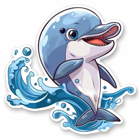 Cute Kawaii Stickers Playful Dolphin Jumping Over Waves on White Background (77)