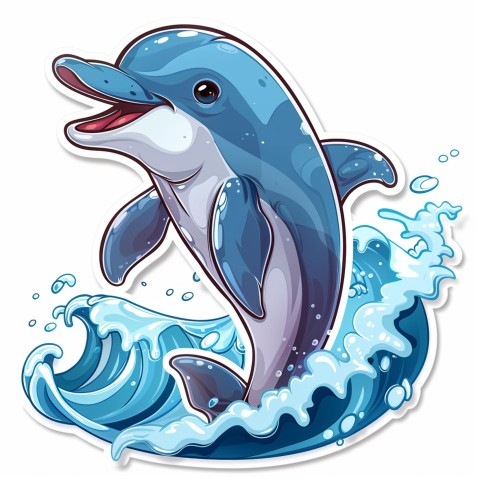 Cute Kawaii Stickers Playful Dolphin Jumping Over Waves on White Background (68)