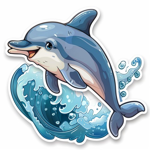 Cute Kawaii Stickers Playful Dolphin Jumping Over Waves on White Background (67)