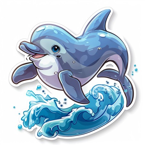 Cute Kawaii Stickers Playful Dolphin Jumping Over Waves on White Background (61)