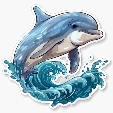 Cute Kawaii Stickers Playful Dolphin Jumping Over Waves on White Background (79)