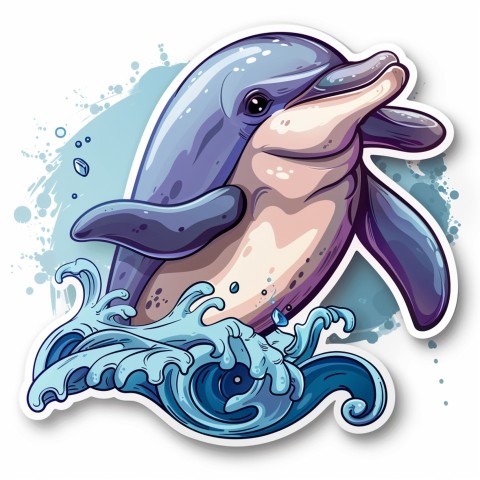 Cute Kawaii Stickers Playful Dolphin Jumping Over Waves on White Background (62)