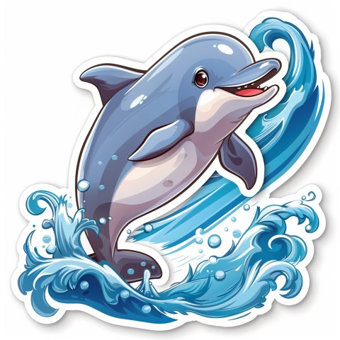 Cute Kawaii Stickers Playful Dolphin Jumping Over Waves on White Background (76)