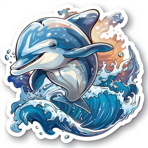 Cute Kawaii Stickers Playful Dolphin Jumping Over Waves on White Background (78)