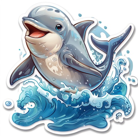 Cute Kawaii Stickers Playful Dolphin Jumping Over Waves on White Background (74)