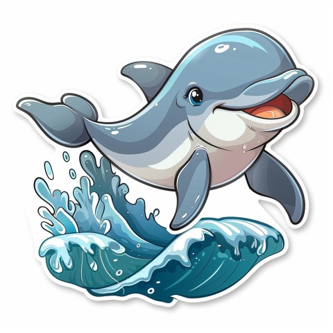 Cute Kawaii Stickers Playful Dolphin Jumping Over Waves on White Background (98)