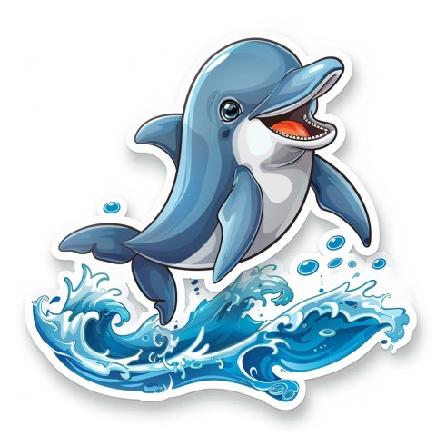 Cute Kawaii Stickers Playful Dolphin Jumping Over Waves on White Background (87)