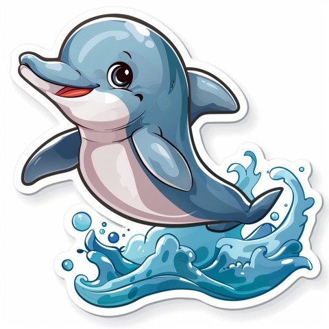 Cute Kawaii Stickers Playful Dolphin Jumping Over Waves on White Background (99)