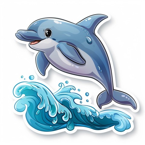 Cute Kawaii Stickers Playful Dolphin Jumping Over Waves on White Background (81)