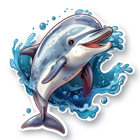 Cute Kawaii Stickers Playful Dolphin Jumping Over Waves on White Background (94)