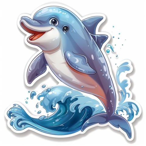 Cute Kawaii Stickers Playful Dolphin Jumping Over Waves on White Background (89)