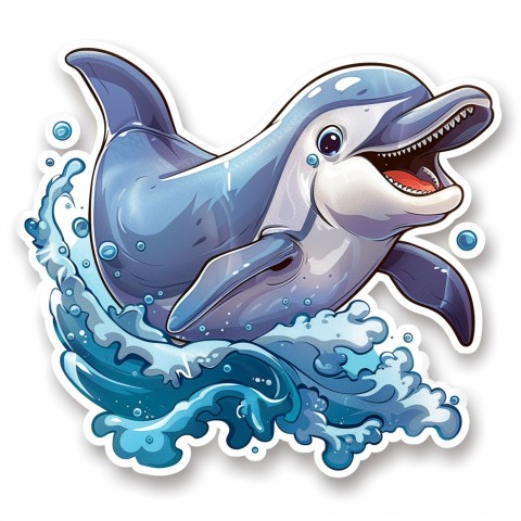 Cute Kawaii Stickers Playful Dolphin Jumping Over Waves on White Background (86)