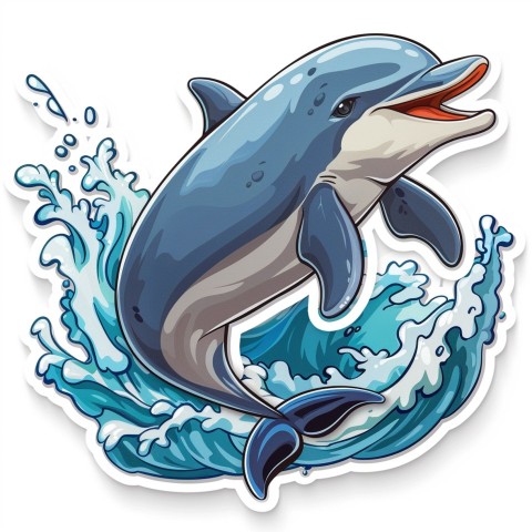 Cute Kawaii Stickers Playful Dolphin Jumping Over Waves on White Background (95)