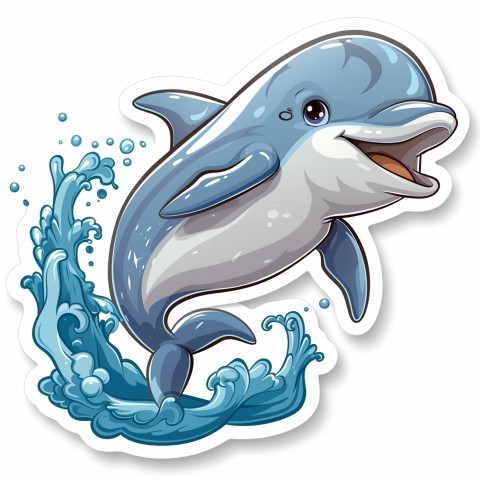 Cute Kawaii Stickers Playful Dolphin Jumping Over Waves on White Background (101)