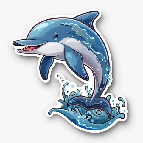 Cute Kawaii Stickers Playful Dolphin Jumping Over Waves on White Background (119)