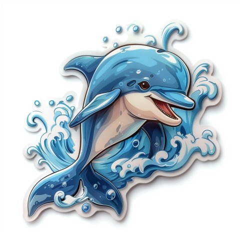 Cute Kawaii Stickers Playful Dolphin Jumping Over Waves on White Background (111)